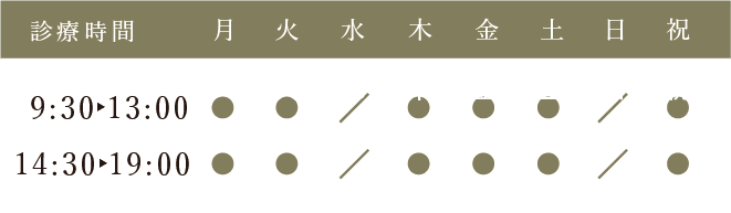 診療時間：月曜日、火曜日、木曜日、金曜日、土曜日、祝日 9:30-13:00、14:30-19:00、水曜日日曜日休診